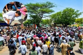 राजस्थान के झुंझुनूं कलेक्ट्रेट के बाहर नाम बदलने के विरोध में पदयात्रा कर रहे ग्रामीणों के बीच पूर्व मंत्री राजेंद्र गुढ़ा गर्मी से बेहोश होकर गिरते हुए, लोग उन्हें संभालते हुए