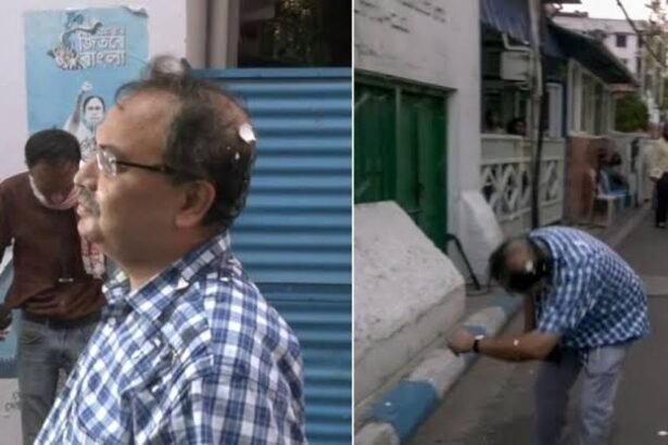 कोलकाता में ममता बनर्जी आवास के पास TMC विधायक कुणाल घोष पर अंडा फेंकते हुए युवक और मौके पर मौजूद सुरक्षाकर्मी, अफरातफरी का माहौल