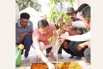 माता पूर्णागिरि मंदिर परिसर में मुख्यमंत्री पुष्कर सिंह धामी सफाई अभियान के दौरान श्रमदान करते हुए और रुद्राक्ष का पौधा लगाते हुए दिखाई दे रहे हैं