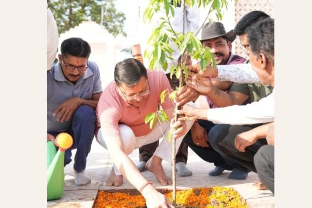 माता पूर्णागिरि मंदिर परिसर में मुख्यमंत्री पुष्कर सिंह धामी सफाई अभियान के दौरान श्रमदान करते हुए और रुद्राक्ष का पौधा लगाते हुए दिखाई दे रहे हैं
