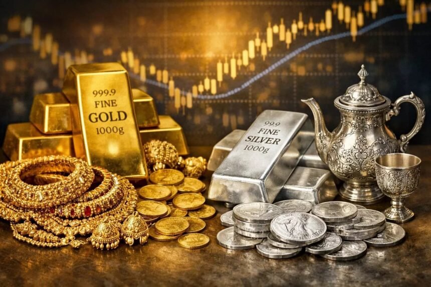 सोना और चांदी के ताज़ा रेट में उतार-चढ़ाव को दर्शाता ग्राफिक, जिसमें 24K, 22K गोल्ड और सिल्वर की कीमतें दिखाई गई हैं