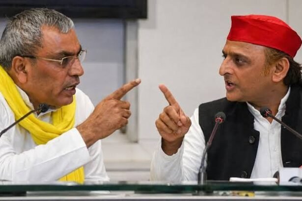 अखिलेश यादव और ओम प्रकाश राजभर के बीच राजनीतिक बयानबाजी को दर्शाती प्रतीकात्मक तस्वीर, सपा में टूट के दावे पर बढ़ी सियासी हलचल