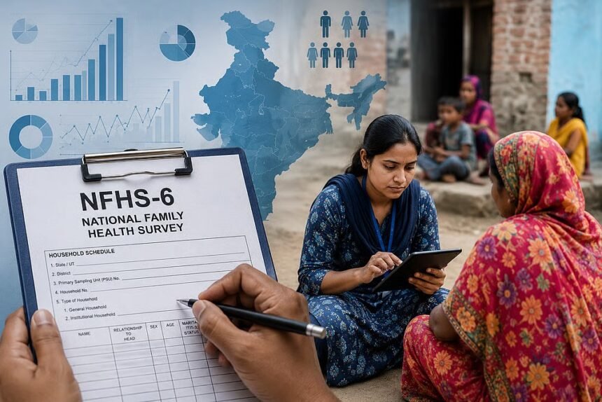 NFHS-6 रिपोर्ट में बढ़ते डायबिटीज और मोटापे के मामलों को दर्शाता स्वास्थ्य जागरूकता ग्राफिक, जिसमें ब्लड शुगर जांच और स्वस्थ जीवनशैली से जुड़े प्रतीकात्मक दृश्य हैं