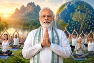 कोलकाता के रेड रोड पर आयोजित अंतरराष्ट्रीय योग दिवस 2026 कार्यक्रम में प्रधानमंत्री नरेंद्र मोदी हजारों लोगों के साथ योग करते हुए और राष्ट्र को संबोधित करते हुए दिखाई दे रहे हैं