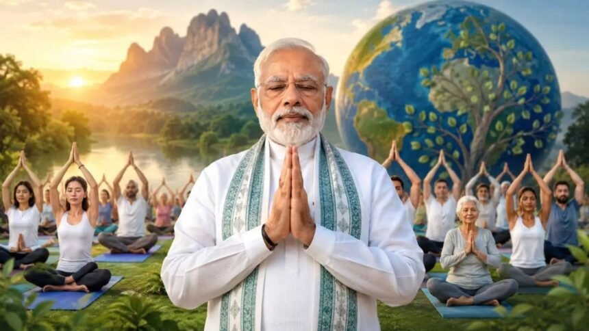 कोलकाता के रेड रोड पर आयोजित अंतरराष्ट्रीय योग दिवस 2026 कार्यक्रम में प्रधानमंत्री नरेंद्र मोदी हजारों लोगों के साथ योग करते हुए और राष्ट्र को संबोधित करते हुए दिखाई दे रहे हैं