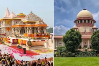 सुप्रीम कोर्ट भवन और राम मंदिर (अयोध्या) का प्रतीकात्मक चित्र, जिसमें मंदिर फंड जांच से जुड़ी कानूनी प्रक्रिया को दर्शाया गया है