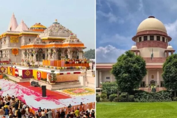 सुप्रीम कोर्ट भवन और राम मंदिर (अयोध्या) का प्रतीकात्मक चित्र, जिसमें मंदिर फंड जांच से जुड़ी कानूनी प्रक्रिया को दर्शाया गया है