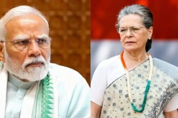 गाजा मुद्दे पर सोनिया गांधी द्वारा मोदी सरकार की विदेश नीति की आलोचना और उसके जवाब में बीजेपी की प्रतिक्रिया से जुड़ी खबर का ग्राफिक