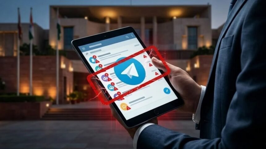 Telegram ऐप का लोगो मोबाइल स्क्रीन पर दिखाई दे रहा है। यह तस्वीर भारत सरकार द्वारा पाइरेटेड फिल्मों और कॉपीराइट उल्लंघन वाले कंटेंट को हटाने के लिए Telegram को जारी नोटिस से संबंधित है