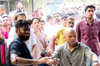 दिल्ली के जंतर-मंतर पर प्रदर्शन के दौरान मंच पर भाषण देते अभिजीत दीपके पर एक महिला द्वारा स्याही फेंकने के बाद मची अफरा-तफरी, मौके पर मौजूद सुरक्षाकर्मी और समर्थक स्थिति संभालते हुए