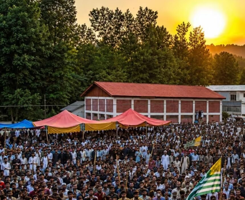 पाकिस्तान के कब्जे वाले कश्मीर (PoK) में पाकिस्तान सरकार के खिलाफ प्रदर्शन के दौरान बड़ी संख्या में लोग रैली निकालते हुए, हाथों में बैनर और झंडे लिए मुजफ्फराबाद कूच की तैयारी करते हुए